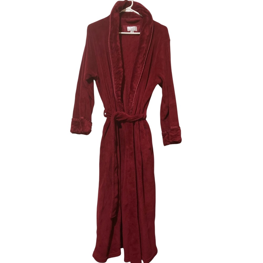 Oscar de la Renta Plush Fleece Robe Burgundy‎ Red Satin Trim Shawl Collar L/XL